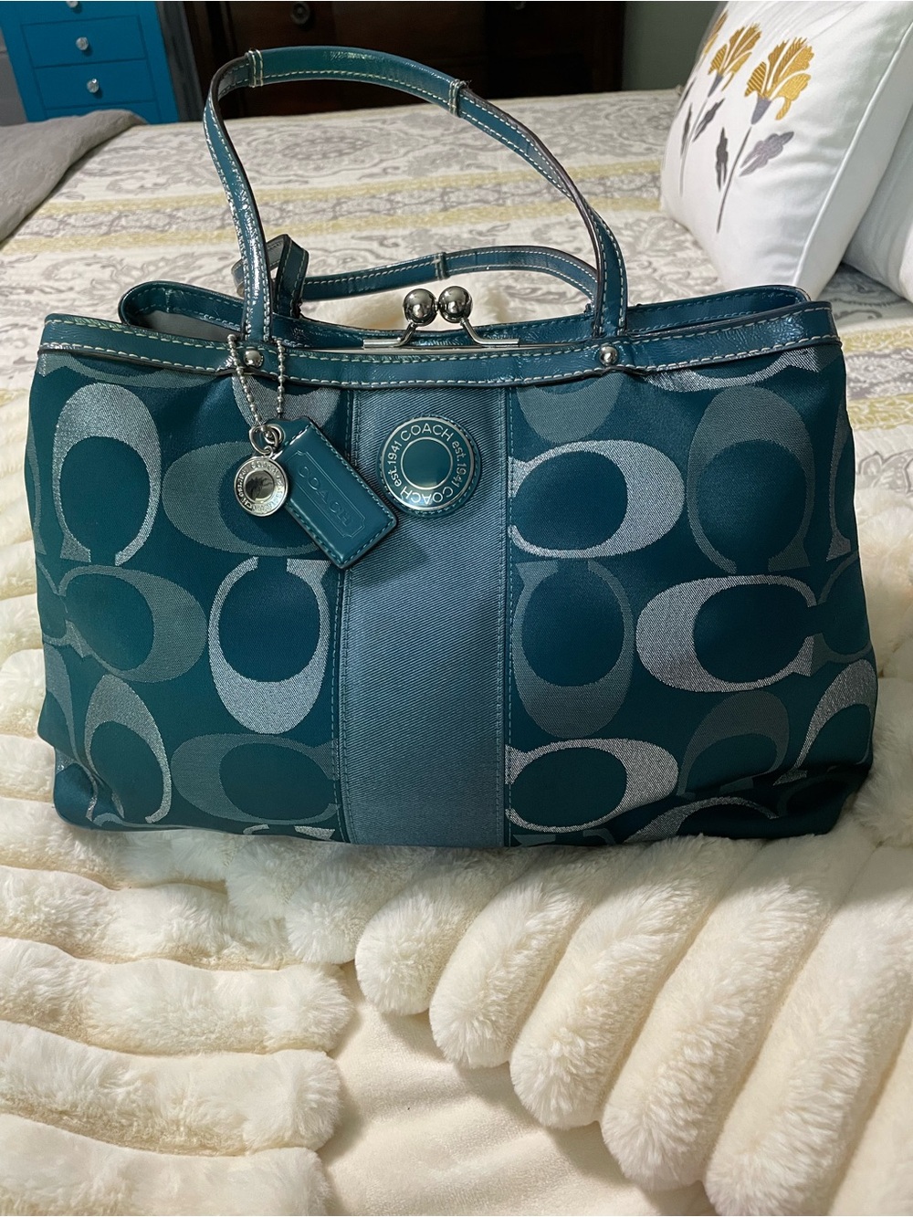 2012 Coach Kisslock in Teal and Silver Signature Jacquard Tote with Leather Trim